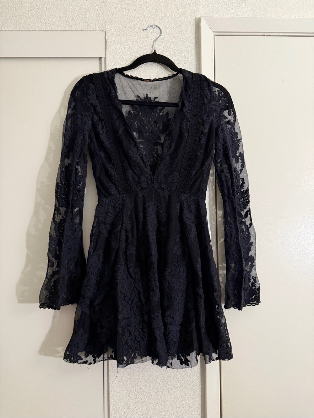 Free People Black Floral Lace Long Sleeve Mini Dress